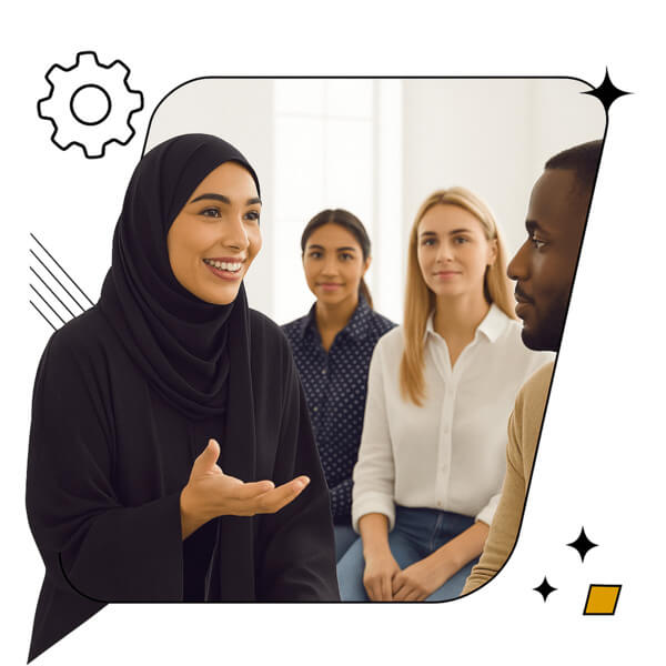 Sandstone - Masters of Unforgettable Narratives A woman in hijab narrating an interesting story while two women and a man are listening attentively.